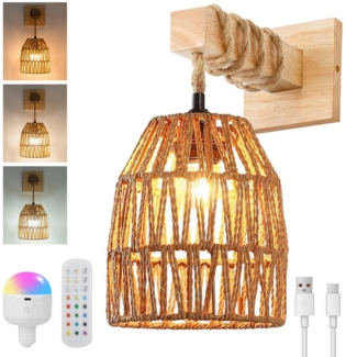 Rosnek Wandleuchte Innen Retro Wandlampe LED aus Rattan Wiederaufladbar Akku, Dimmbar, 1 Stück, LED wechselbar, Warmweiß/Neutralweiß/Weiß und RGB-Farbe, mit Fernbedienung&12 RGB-Modi&Timer&Speicherfunktion, für Wohnzimmer