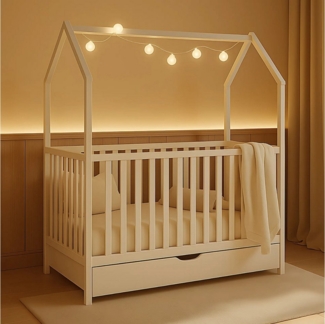 Alavya Home® Babybett ELLA 60x120 cm aus Massivholz Kiefer Weiß – Höhenverstellbar, Hausoptik, mit Schlupfsprossen & optionaler Schublade und Matratze
