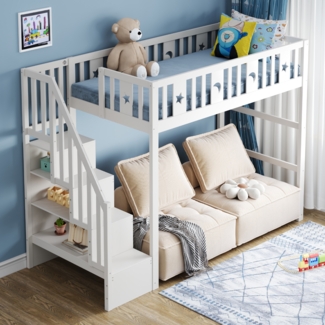 Etagenbett für Kinder, Hochbett aus Massivholz, mit Treppe, Sicherheitsgeländer, Stern- und Monddekoration, Weiß, 90 x 200 cm