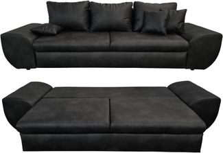 Big-Sofa mit Schlaffunktion und Bettkasten XXL Couch im Vintage Look in Schwarz