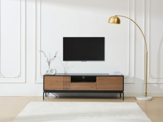 Vente-unique - TV-Möbel mit 2 Türen, 1 Schublade & 1 Ablagefach - Nussbaumfurnier & Metall - Holzfarben dunkel & Schwarz - ZINORI