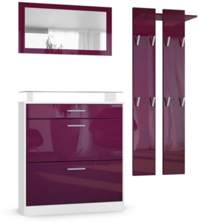 Vladon Garderobe Loret mini, Garderobenset bestehend aus 1 Schuhschrank, 1 Wandspiegel und 2 Garderobenpaneele, Weiß matt/Brombeer Hochglanz