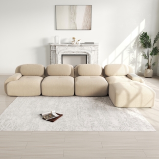 Ecksofa, 4-Sitzer Ecksofa mit 32D hochelastischer Polsterung rutschfest mit Chaiselongue extra-breite Armlehnen frei kombinierbar ohne Montage für Büro Wohnzimmer und Heimkino, Stoff, Beige