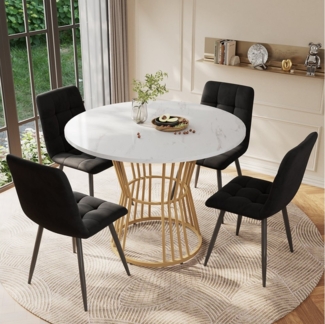 OKWISH Essgruppe 1 Esstisch und 4 Stühle, (Küchentisch-Set, 5-tlg, 1 Tisch mit 4 Stühlen), runder Esstisch mit weiße MDF-Tischplatte, goldenen Metallbeinen