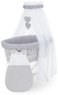 FabiMax Stubenwagen Weiß lackiert, 2 in 1 Musselin / Waffelpiqué Komplettset Grau mit Schlafsack