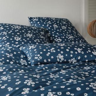 elegante Mako Jersey Bettwäsche Daisies marineblau|155x200 cm + 40x80 cm