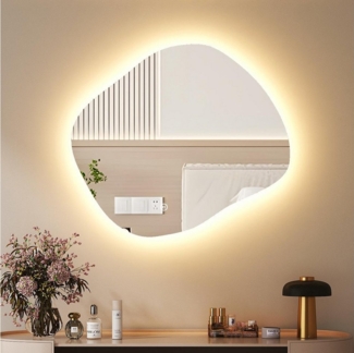 WDWRITTI Schminkspiegel LED Wandspiegel Schminktisch Kosmetikspiegel Asymmetrisch (LED Multifunktionspiegel, Steinform, 84x74cm, 74x64cm), Kalt/Neutral/Warmweiß, Speicherfunktion