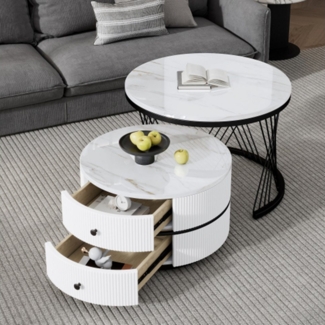 XDeer Couchtisch 2-teiliges Couchtisch-Set,Runde Tische mit hochglänzender, 2 Schubladen, Nesting-Kombination Couchtisch
