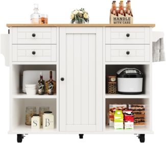Merax Moderne Kücheninsel (127×46×91,5m) Küchenschrank Essschrank mit Holzmaserung Esswagen mit multifunktionalem Stauraum und herausnehmbaren Trennwänden, weiß
