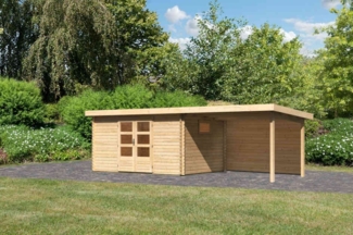 Blockbohlengartenhaus Trittau 5 - 669x297 cm mit Anbaudach 3,30 m, mit Rückwand, 38 mm Holz naturbelassen, Karibu