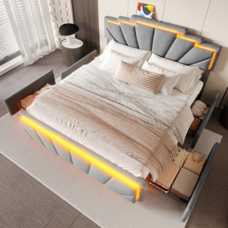 LVHOM Polsterbett 160x200cm mit LED&USB, Doppelbett mit vier Schubladen, Jugendbett mit höhenverstellbarem Kopfteil, Holzbett mit Lattenrost