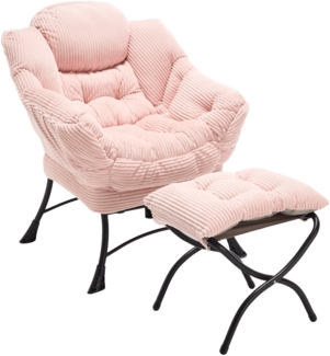 LVHOM Relaxsessel mit Hocker, Armlehnstuhl Fernsehsessel Lesesessel mit Seitentasche, Cord Bezug, bequem gepolstert, bis 180kg belastbar, Rosa