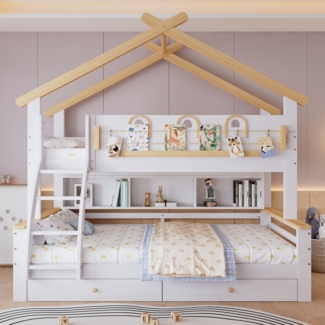 Merax Etagenbett, Kinderbett, 90x200cm&120x200cm, 2 Schubladen mit Rollen, Exquisite dekorative Leitplanke und Dachdesign, Vierstöckige schräge Treppe, Weiß+Natur