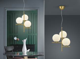 Pendelleuchte PURE in Messing 3-flammig mit Glaskugeln Opal Weiß, Ø 40cm