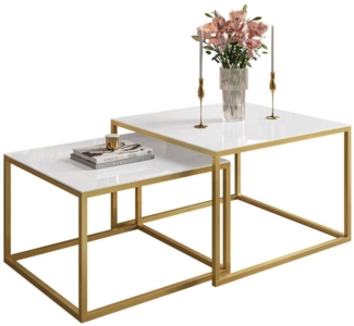 Lookway Couchtisch YOSHI GLASS 2in1 mit Glasplatte, Gestell in Gold Matt (2er-Set), Breite: 70 cm und 60 cm