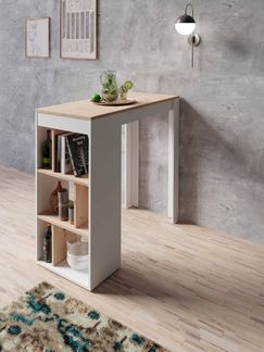 byLIVING Bartisch MOBY / Moderner Küchentisch in Weiß / Tischplatte und Regale in Eichen-Holz-Optik Hell-Braun / Hoher Esstisch / Skandinavisches Design / B 110, H 104, T 50 cm