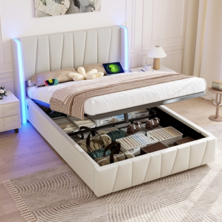 LVHOM Boxbett 140x200cm, LED-Leuchten in 16 Farben, Seitlicher USB-Ladeanschluss, Hydraulisch Stauraumbett mit Bettkasten, Polsterbett Doppelbett, Samtstoff