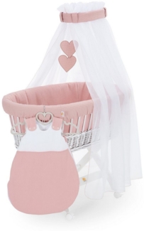 FabiMax Stubenwagen Weiß lackiert, 2 in 1 Musselin / Waffelpiqué Komplettset Rosa mit Schlafsack