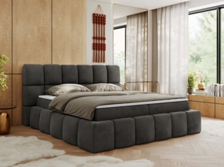 Boxspringbett mit dekorativem Kopfteil, Doppelbett mit zwei 7 Härtezonen Multipocket-Matratzen, Bettkästen, Polsterbett - NIRA - 160x200 cm - Dunkelgrau Velours - H3