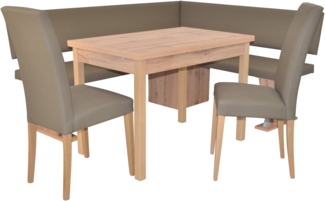 Moderne Eckbankgruppe in Eichedekor, Schenkel 182x150 cm, Auszugstisch, Kunstleder taupe