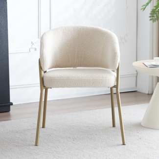 Esszimmerstuhl aus weißem Lammplüsch mit goldenen Beinen – Weicher Polsterstuhl im modernen Design, Komfortstuhl für Esszimmer