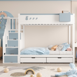 Etagenbett Kinderbett, Kaninchen- und Karottenmotive, abnehmbares Ablagefach, Aufbewahrungsleiter, Schubladen, Lattenrost, Doppelbett, Flanell, Weiß+Blau, 90×200 cm