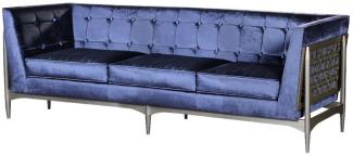 Casa Padrino Luxus Art Deco 3er Sofa Blau / Grau 250x76 x H. 83 cm - Edles Samt Sofa mit Mahagoni Rahmen