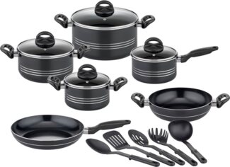 GSW Topf-Set Milano Nero, Aluminium (Set, 15-tlg, je 1 Kochtopf 16/20/2 cm, 1 Stielkasserolle 16cm, je 1 Pfanne 24/28cm), Induktion, inkl. 5-teiliges Küchenhelfer-Set