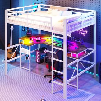 Hochbett mit RGB LED-Streifen, Schreibtisch, Monitorständer, Lattenrost, Rausfallschutz, Steckdosen, USB, Type-C, 140x200 cm, Metallbett, Kinderbett