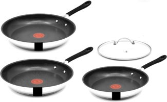 Tefal Pfannen-Set Jamie Oliver E76 Pfannenset 20, 24, 28cm +Deckel 28cm, Edelstahl 18/10 (Pfannen + 1 Wender & Schoner Antihaftbeschichtet Pfannenset mit Deckel), Antihaftbeschichtet