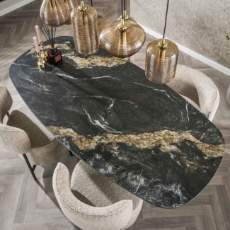 LEVEN Lifestyle Esstisch Esszimmertisch oval Tischplatte Keramik schwarz Fossil 180x90 cm, Keramikplatte in grauer Natursteinoptik mit weißen und goldenen Adern