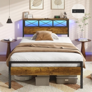 MSMASK Metallbett Bettgestell mit LED Beleuchtung und Steckdose USB-Anschlüsse (Ohne Matratze), Kinderbett Jugendbett Einzelbett, 90 x 200 cm