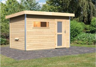 Karibu Saunahaus Skrollan Gartensauna 2 Sitzbänke aus Holz Sauna mit 38 mm Wandstärke Außensauna mit Montagematerial