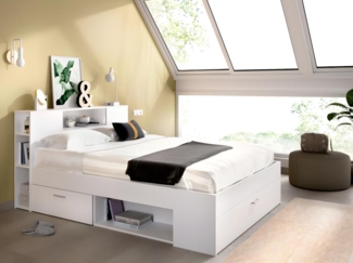 Vente-unique - Bett mit Kopfteil, Stauraum & Schubladen - 140 x 190 cm - Weiß - LEANDRE