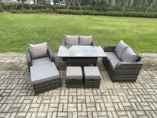 Fimous 8 Sitzer Rattan Garten Sofa Set Gartenmöbel Langer Rechteckiger Esstisch mit Sesseln 3 Fußhockern Dunkelgrau gemischt