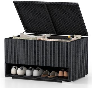 186L Gartenbox mit Schuhregal & Schutzliner & Deckel Polyrattan Auflagenbox Kissenbox Schwarz