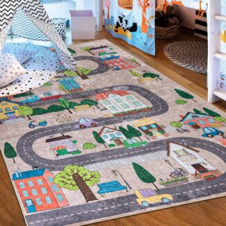 Mazovia Kinderteppich Kinderteppich Kinderzimmerteppich Straße Stadt Straßenteppich, 80 x 150 cm, Kurflor, Waschbar in Waschmaschine, Höhe 5 mm, Rutschfest