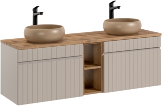 ICONIC Badmöbel-Set 140 cm mit einer Waschtischplatte und 2 Wiki-Aufsatzwaschbecken (46x140cm), Kaschmir matt,Eichenküste Evoke