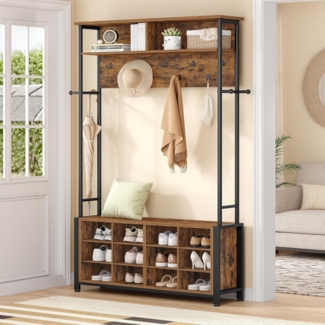 Garderobenständer mit Schuhbank, Garderobe mit 13 Haken, 14 Offene Fächer, Verstellbare Regalböden, Kleiderständer für Flur, Eingangsbereich, 31 x 108 x 187 cm, Vintagebraun-Schwarz