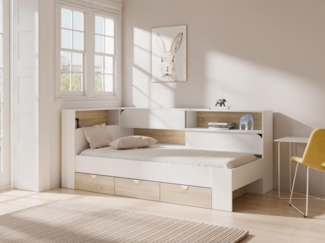 Vente-unique - Bett 90 x 190 cm mit Stauraum - Farbe: Weiß und natürlich + Lattenrost - TAMADU