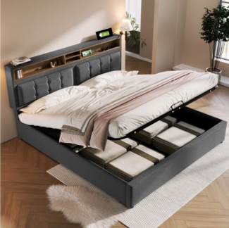 STILVORA Polsterbett 140x200 Bett Jugendbett mit Stauraum,Bettgestell mit USB C Steckdose (Hydraulisches Doppelbett mit USB/Typ-C Ladefunktion), 140x200cm Leinen Ohne Mmtratze