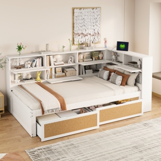 Schlafsofa aus Massivholz 90 x 200 mit Schublade Multifunktionales Einzelbett Kinderbett mit vielen Staufächern und Ladeanschluss Weiß