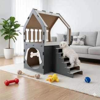 Jungengel Hundehütte 3XL Hundehaus Hundebett Indoor Tierbett Tierhaus Hundenest Holzhaus, 91 x 84 x 58 cm, Einfacher Aufbau, Anthrazit / Weiß, Langlebig