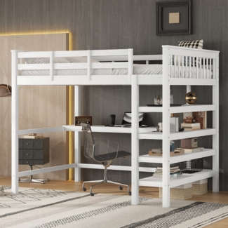 Merax Hochbett 140 x 200 Kinderhochbett mit Ablagefächern und Unterbettschreibtisch, Weiß