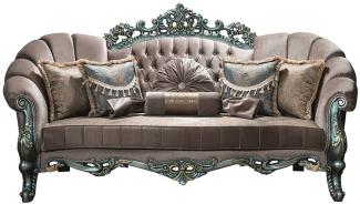 Casa Padrino Luxus Barock Samt Sofa Grau / Grün / Gold 225 x 95 x H. 115 cm - Prunkvolles Wohnzimmer Sofa mit Glitzersteinen und dekorativen Kissen