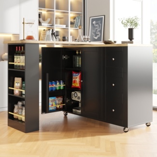 Bartischschrank Schwarz Küchentisch 360° drehbar mit Rollen, Klapptisch Sideboard mit Regalen, aus MDF modern mit Metallgriffen