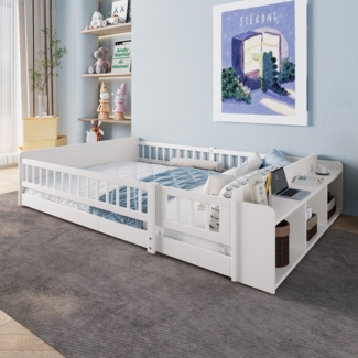 Kinderbett mit Lattenrost und Zaun (140x200 cm) Rausfallschutz, Stauraum, Einzelbett, Holzbett, Kiefer