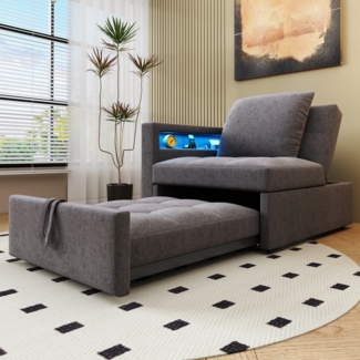 Schlafsofa 177x68x65cm 3‑in‑1, Leinenbezug, 5‑fach verstellbare Rückenlehne, LED & USB/Typ‑C,Dunkelgrau