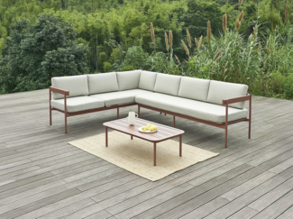 Vente-unique - Beliebig kombinierbare Garten-Sitzgruppe aus Aluminium: 1 Ecksofa hochklappbar + 1 Couchtisch - Terracotta & Kissen Beige - LASTON von MYLIA