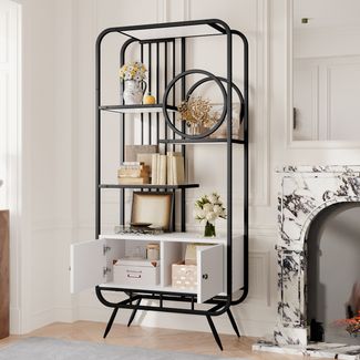 Metallregal mit Schrank 80 x 30 x 180 cm,Weiß Schwarz Standregal mit Doppeltür und 3 Ablagen, Aufbewahrungsregal Wohnzimmer